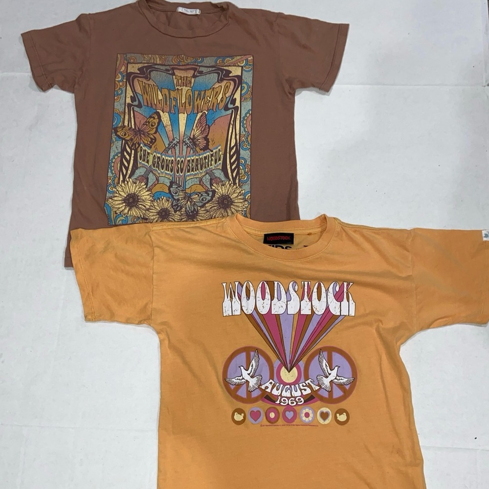 2 Girls Boho Concert Short Sleeve T-shirt Yellow Brown Woodstock Size 8